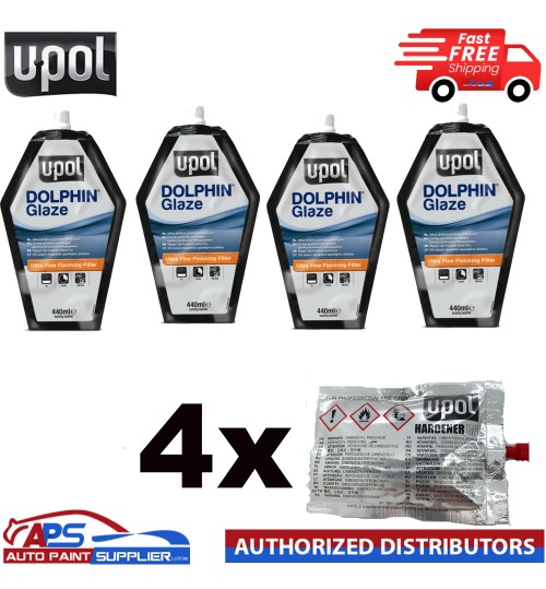 4 x U-POL Dolphin Glaze 440ml Self Levelling Glazing Putty UPOL + HARDENER TUBES